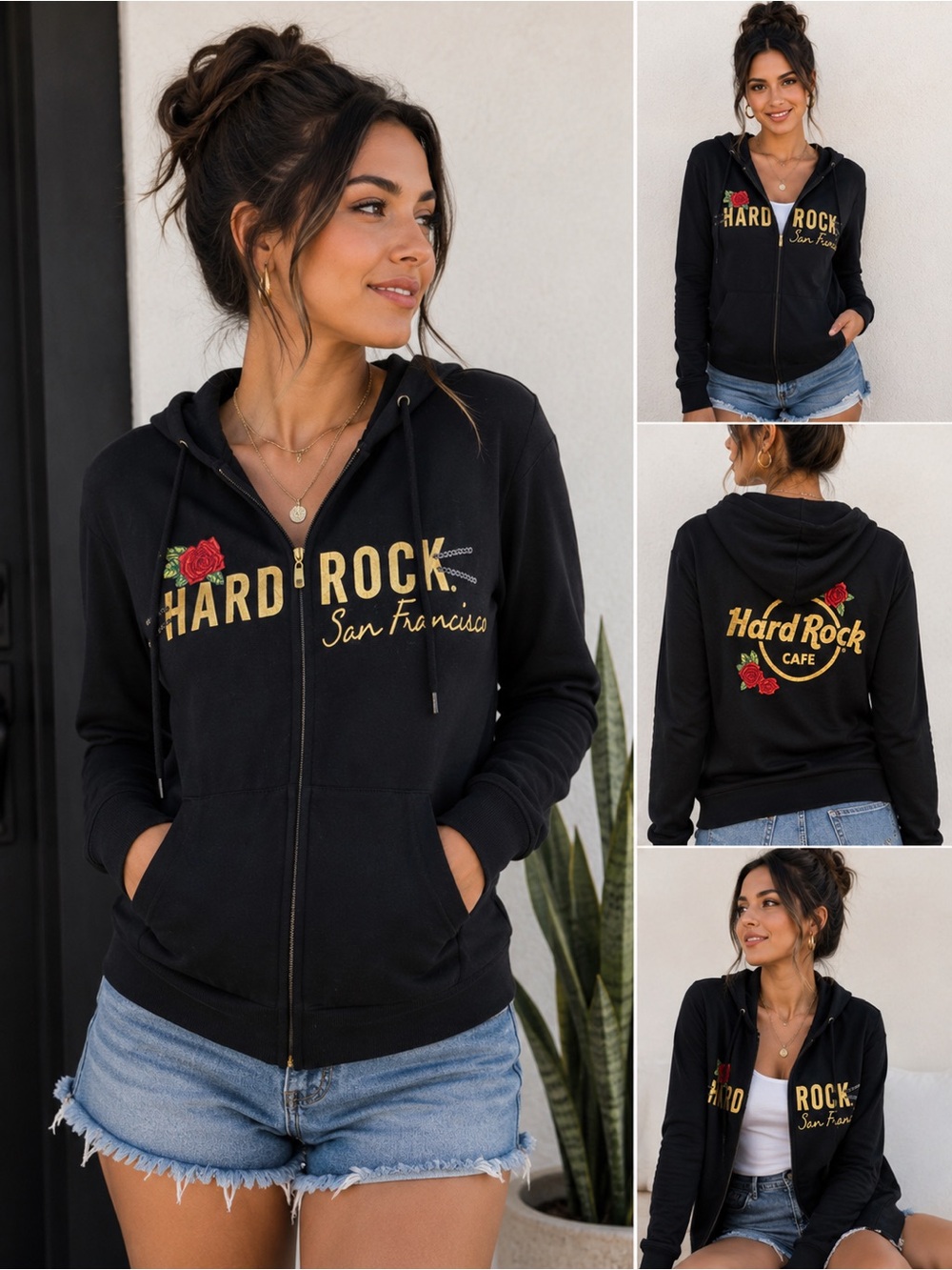 Hard Rock Cafe San Francisco Black Zip Hoodie Roses Gold Logo Size M